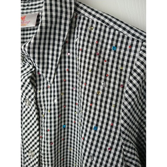 Quacker Factory Woman XXS Shirt Black White Checked Rhinestone Seer Sucker Long - Picture 3 of 9